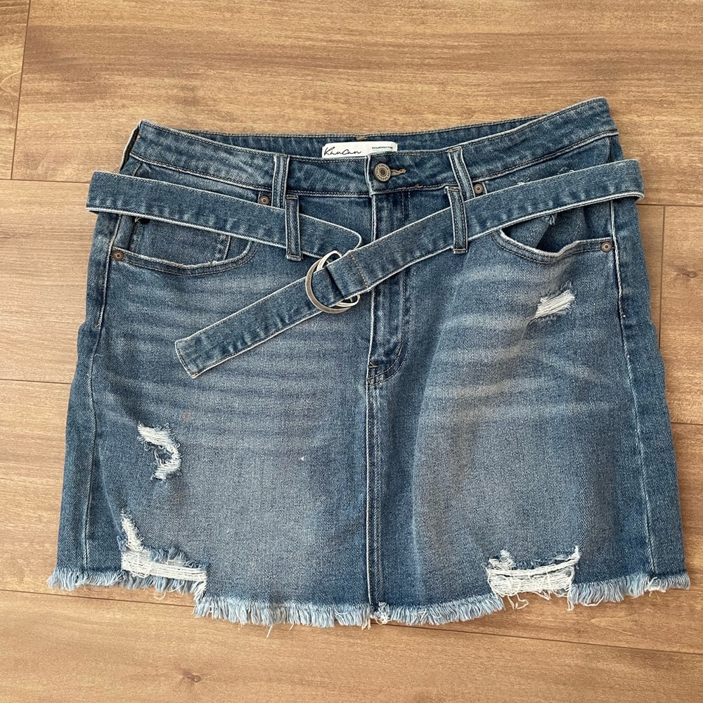 KanCan Women’s Blue Denim Mini Skirt with Belt Raw Hem Size L